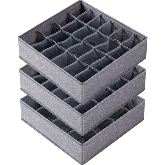 3 Pack Sock Underwear Organizer Dividers, 64 Cell Fabric Foldable Cabinet Closet Organizers and Storage Boxes for Storing Socks, Underwear, Ties (16+24+24 Cell, Gray)